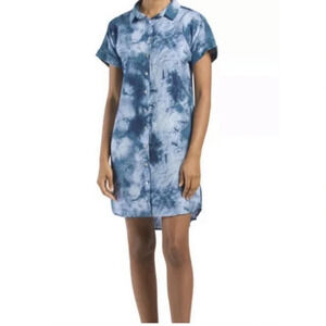 Cynthia Rowley 100% Linen Blue White Tie Dye Shirtwaist Tunic Dress Size Medium